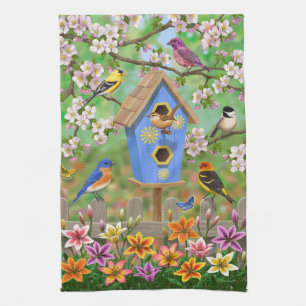 Songbirds Lily Garden Birdhouse Tea Towel