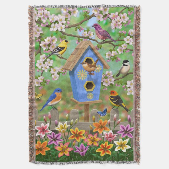 Songbirds Lily Garden Birdhouse Throw Blanket (Front Vertical)