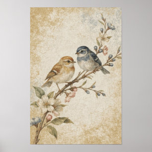 Songbirds on a Flowering Branch in Ochre and Indig Poster