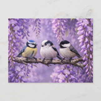 Songbirds on the Vibrant Wisteria Flower Branch  Postcard