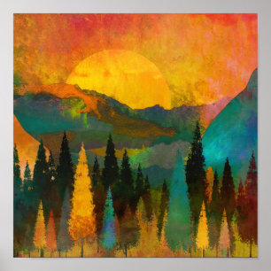 Sonnenuntergang in den Bergen - Buntes Aquarell Poster