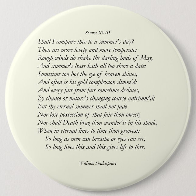 Sonnet # 18 by William Shakespeare 6 Cm Round Badge (Front)
