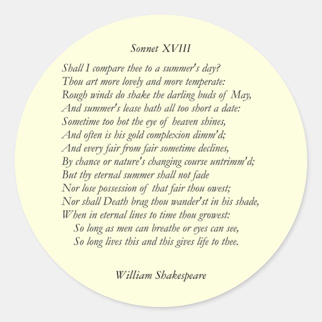 Sonnet # 18 by William Shakespeare Classic Round Sticker (Front)