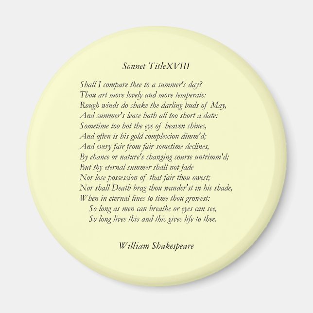 Sonnet # 18 by William Shakespeare Magnet (Front)