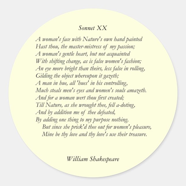 Sonnet # 20 by William Shakespeare Classic Round Sticker (Front)