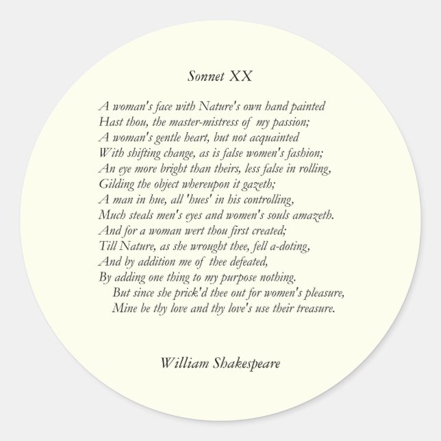 Sonnet # 20 by William Shakespeare Classic Round Sticker (Front)