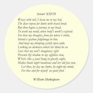 Sonnet # 27 by William Shakespeare Classic Round Sticker