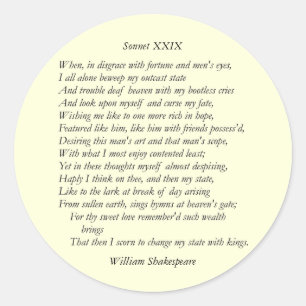 Sonnet # 29 by William Shakespeare Classic Round Sticker
