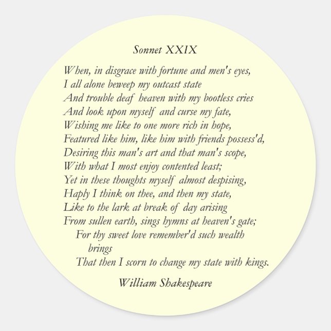 Sonnet # 29 by William Shakespeare Classic Round Sticker (Front)