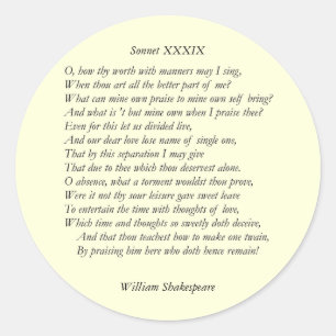 Sonnet # 39 by William Shakespeare Classic Round Sticker