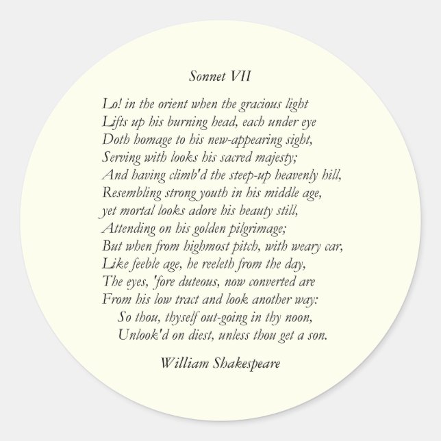 Sonnet # 7 by William Shakespeare Classic Round Sticker (Front)
