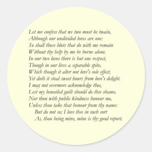 Sonnet Number 36 by William Shakespeare Classic Round Sticker