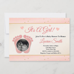 Sonogram Baby Shower Invitation Girl, Pink Toes