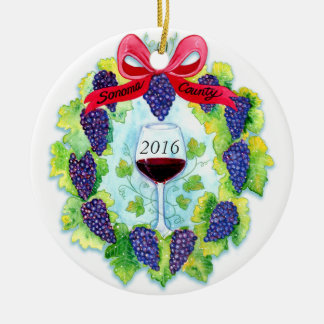 Sonoma County Wine Grapes Christmas Wreath Ceramic Ornament