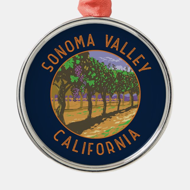 Sonoma Valley California Retro Distressed Circle Metal Ornament (Front)