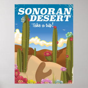 Sonoran Desert cactus Cartoon travel poster. Poster