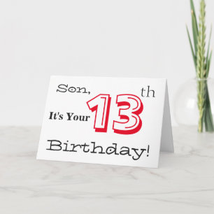 Son's 13th birthday greeting in red and black. card