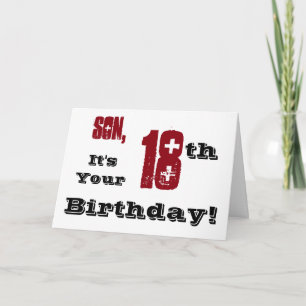 Son's 18th birthday greeting in black, red, white. card