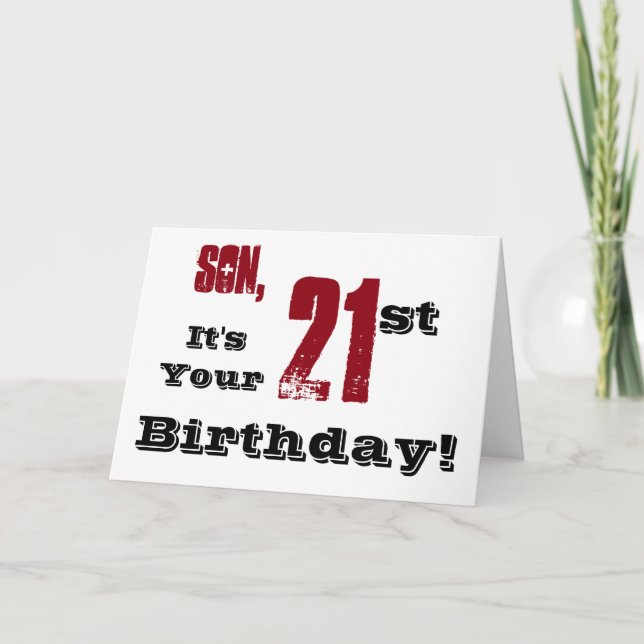 Son's 21st birthday greeting in black, red, white. card (Front)