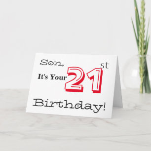 Son's 21st birthday greeting in red and black. card
