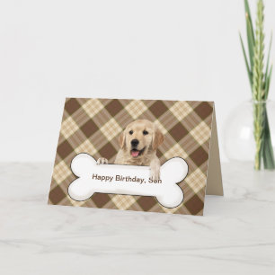 Son's birthday golden retriever on plaid card