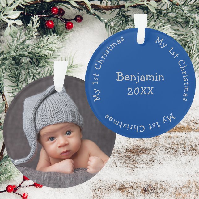 Sons First Christmas Photo Blue And Silver Name Ornament (Bacl And Front)