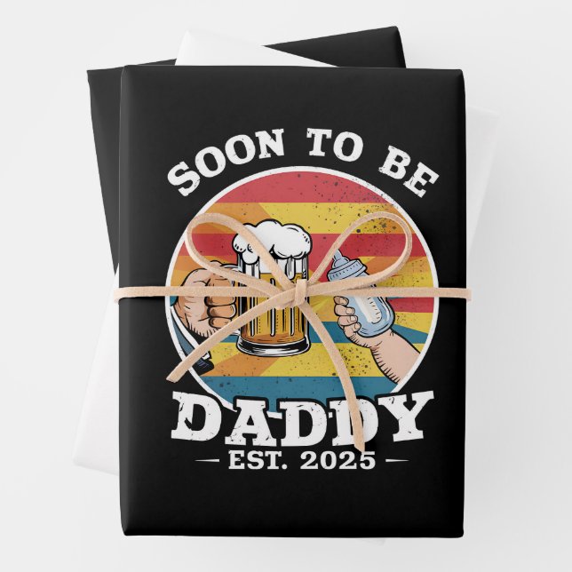 Soon To Be Daddy 2025 First Time Daddy 2025 Retro  Wrapping Paper Sheet (In situ)