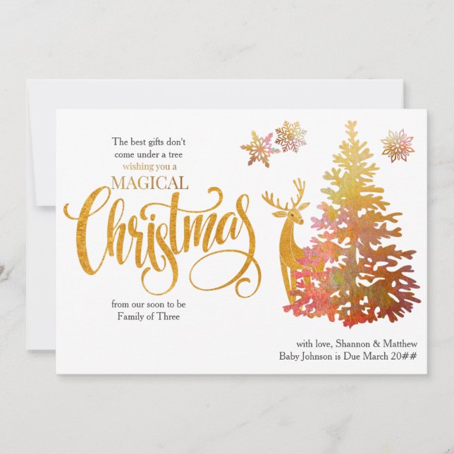 Soon to Be Family of 3 Christmas Tree Pregnancy Holiday Card (Front)