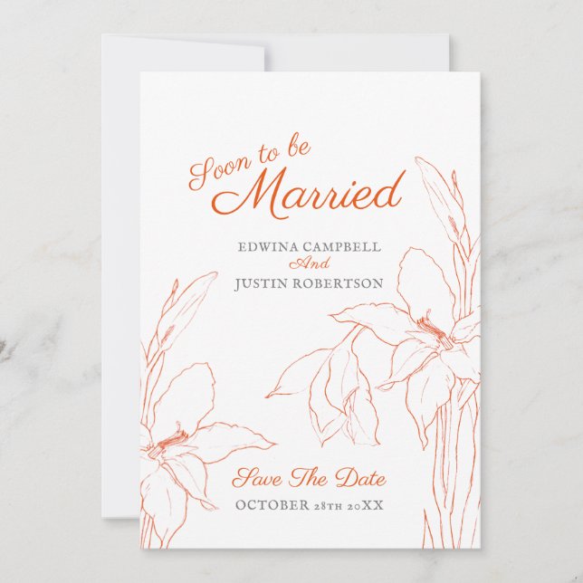 Soon to be married botanica art gladiolus orange save the date (Front)