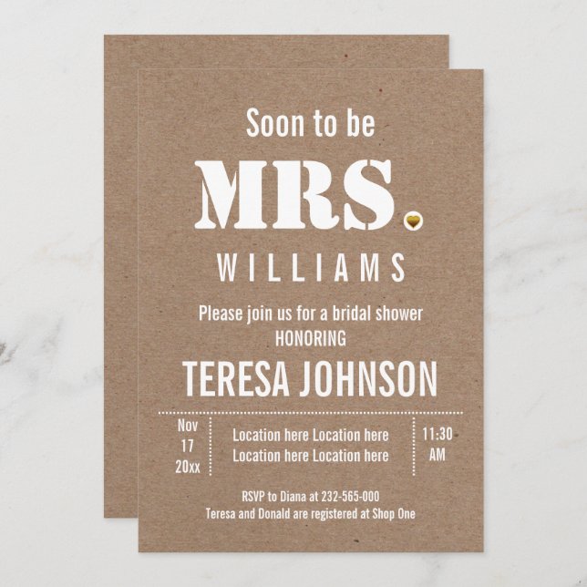 Soon to be Mrs. kraft paper wedding bridal shower Invitation (Front/Back)