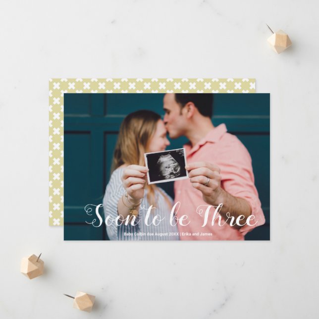 Soon to be Three Photo Overlay Custom Pregnancy Announcement (Front/Back In Situ)