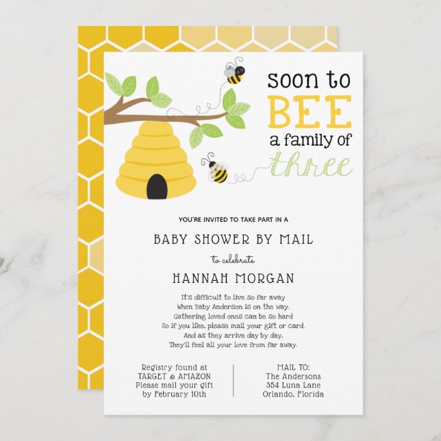 Soon to Bee a Family of Three Baby Shower by Mail Invitation (Front/Back)