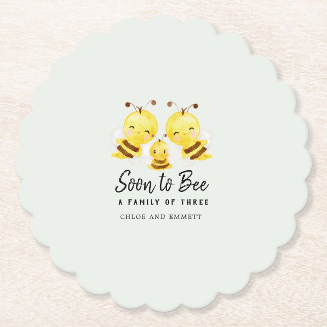 Soon to Bee a Family of Three Baby Shower Custom Paper Coaster (Front)