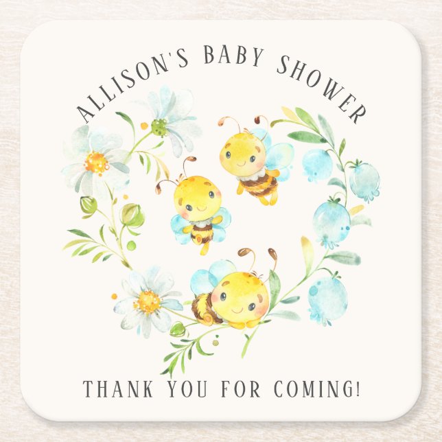 Soon to Bee Family of 3 Bee Baby Shower  Square Paper Coaster (Front)