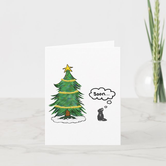 'Soon' Tree and Cat Holiday Card - English, Tuxedo (Front)
