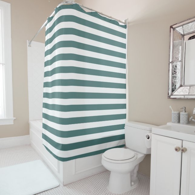 Soothing Blue Grey Green Striped Shower Curtain (In Situ)