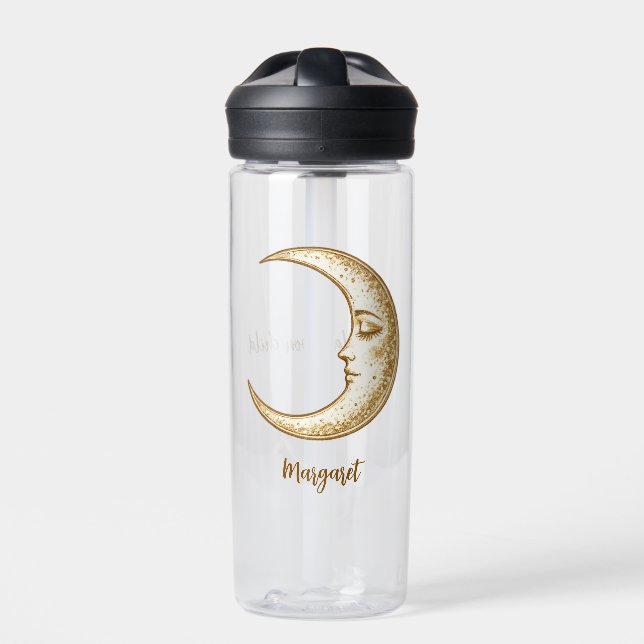Soothing Crescent Moon Custom Name Water Bottle (Front)