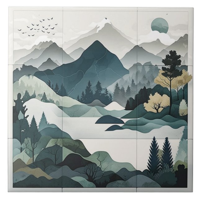 Soothing Landscape Tiles: Minimalist Nature Scenes Ceramic Tile (Front)