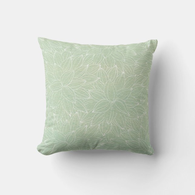 Soothing light green with white line-art cushion (Front)