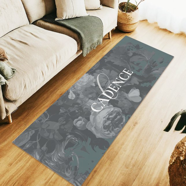 Soothing Slate Green Floral Monogram Chic Yoga Mat (Creator Uploaded)