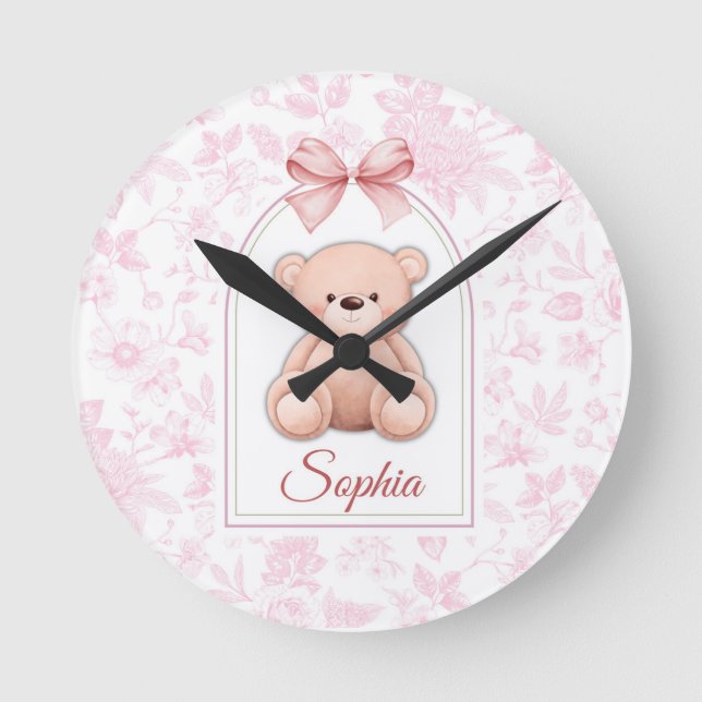 Sophia | Custom Pink Teddy Bear Nursery Design  Round Clock (Front)
