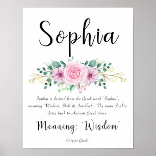 Sophia Name Meaning Print with Pink Flowers 