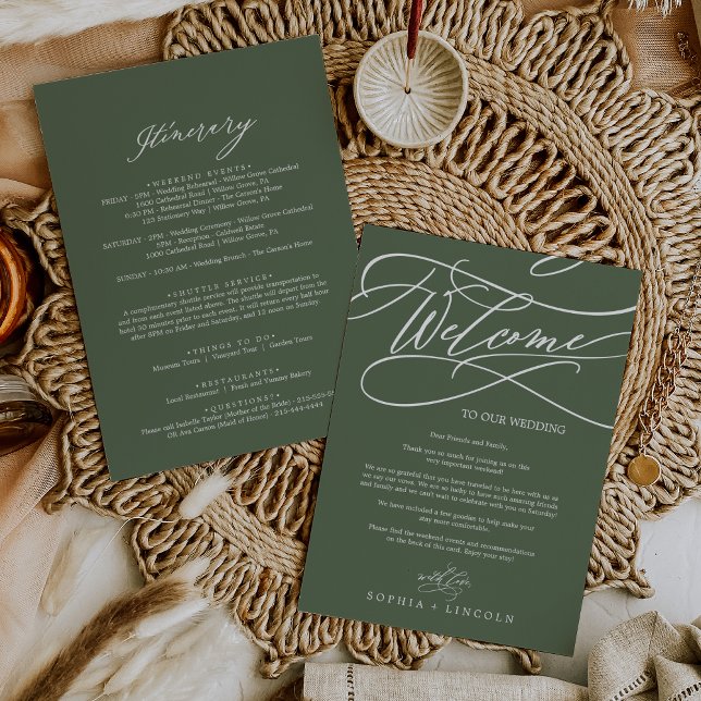 SOPHIA Olive Green Wedding Welcome and Itinerary (SOPHIA Olive Green Wedding Welcome and Itinerary Cards)