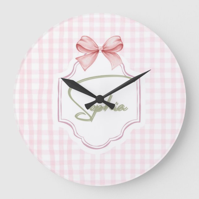 Sophia Personalized Pink Bow & Gingham Print  Large Clock (Front)