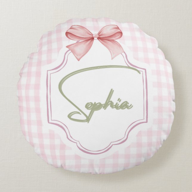 Sophia Personalized Pink Bow & Gingham Print  Round Cushion (Front)