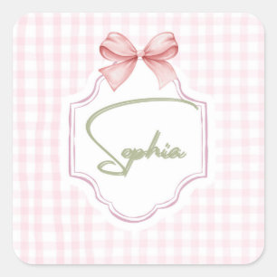 Sophia Personalized Pink Bow & Gingham Print  Square Sticker