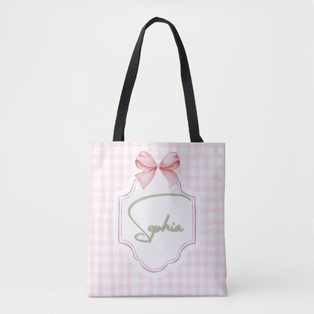 Sophia Personalized Pink Bow & Gingham Print  Tote Bag (Front)