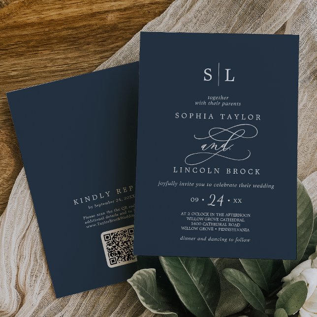 SOPHIA QR Code Dark Blue Modern All In One Wedding Invitation (SOPHIA QR Code Dark Blue Modern All In One Wedding Invitation)