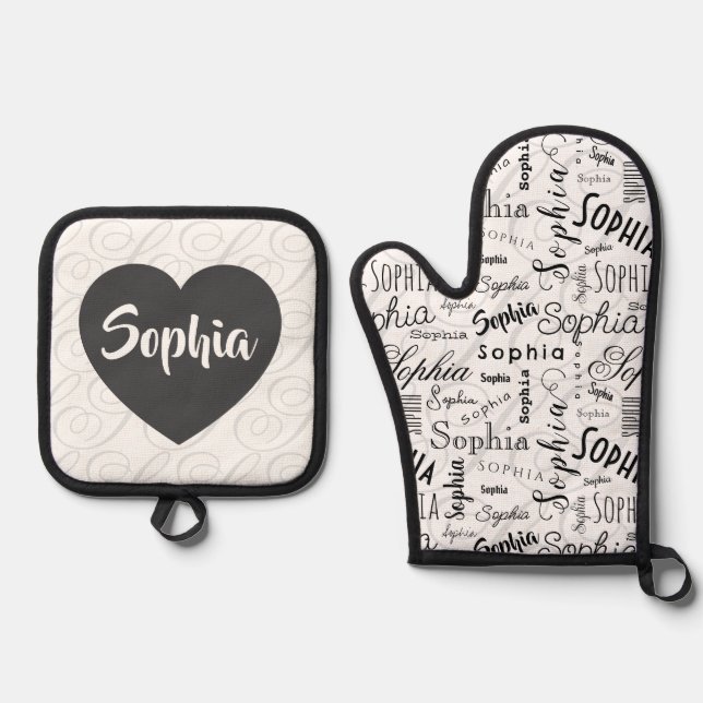 Sophia Typography Black White Oven Mitt & Pot Holder Set (Front)