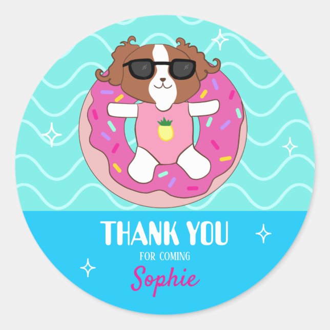 Sophie Dog Pool Party Thank You Stickers (Front)